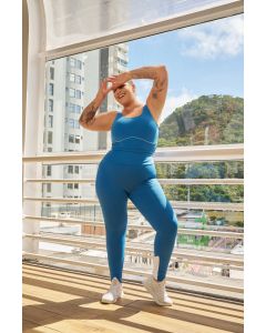 Calça Legging Emma com Alta Compressão e Sustentação Proteção Solar UV 50+ Azul Marine/Branco M